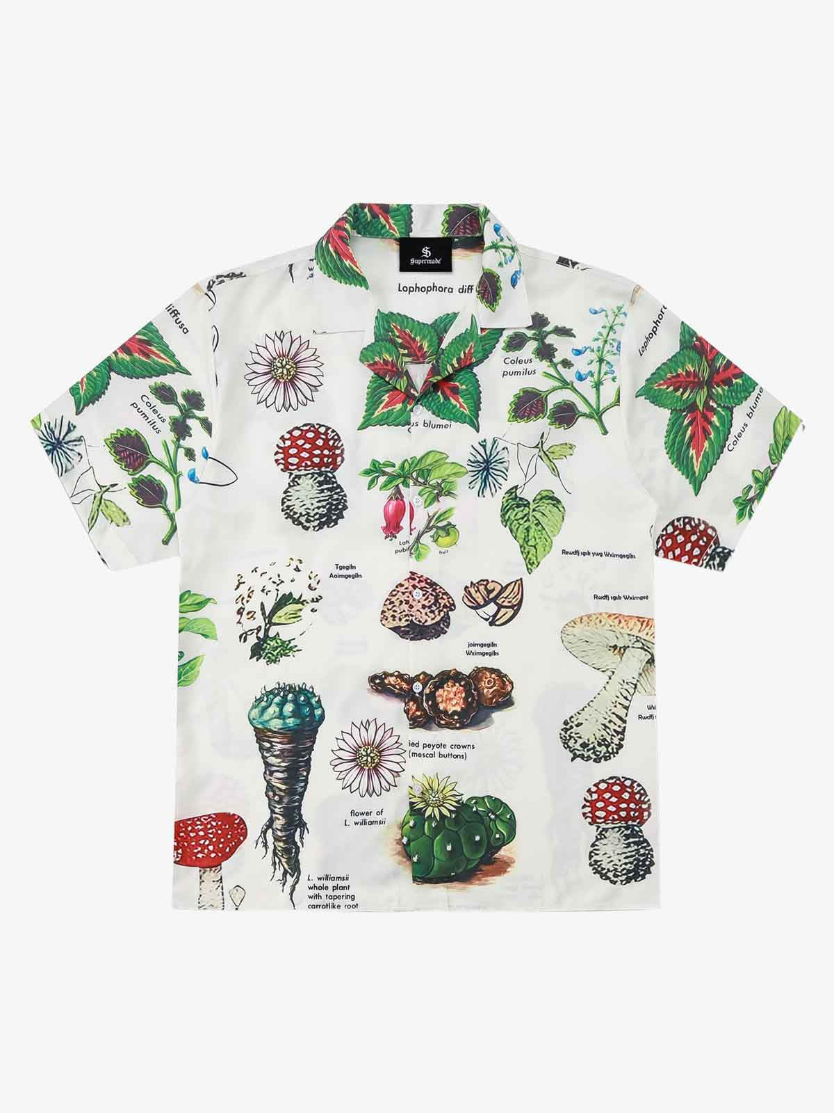 Vintage Succulent Botanical Print Camp Collar Boxy Shirt