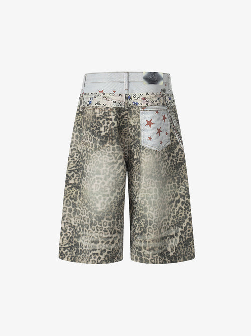 Charm Detail Leopard Denim Shorts