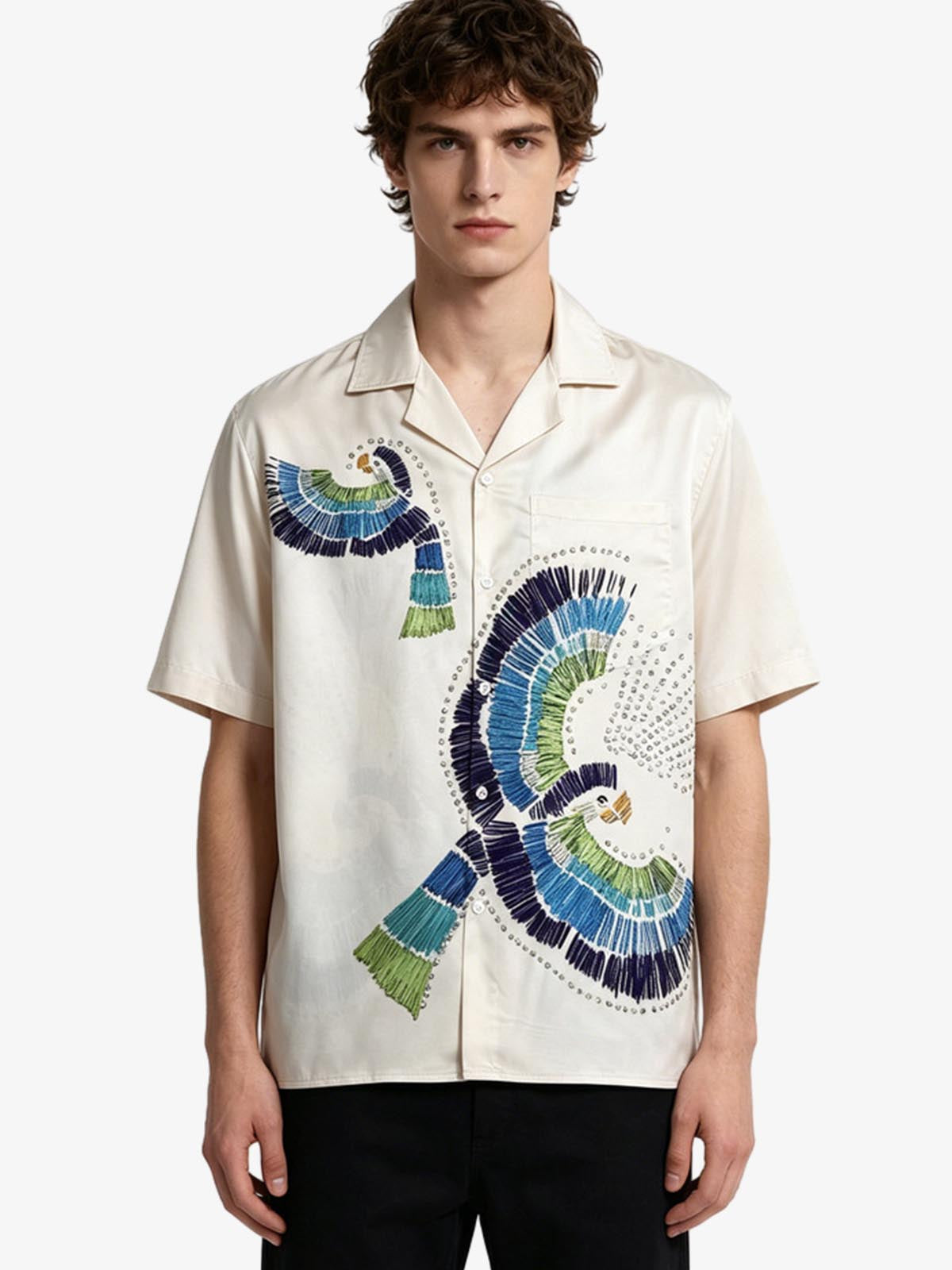 Bird Print Camp Collar Boxy Shirt
