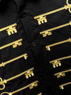 Black Cotton Button Up Shirt with Gold Embroidered Key Motif