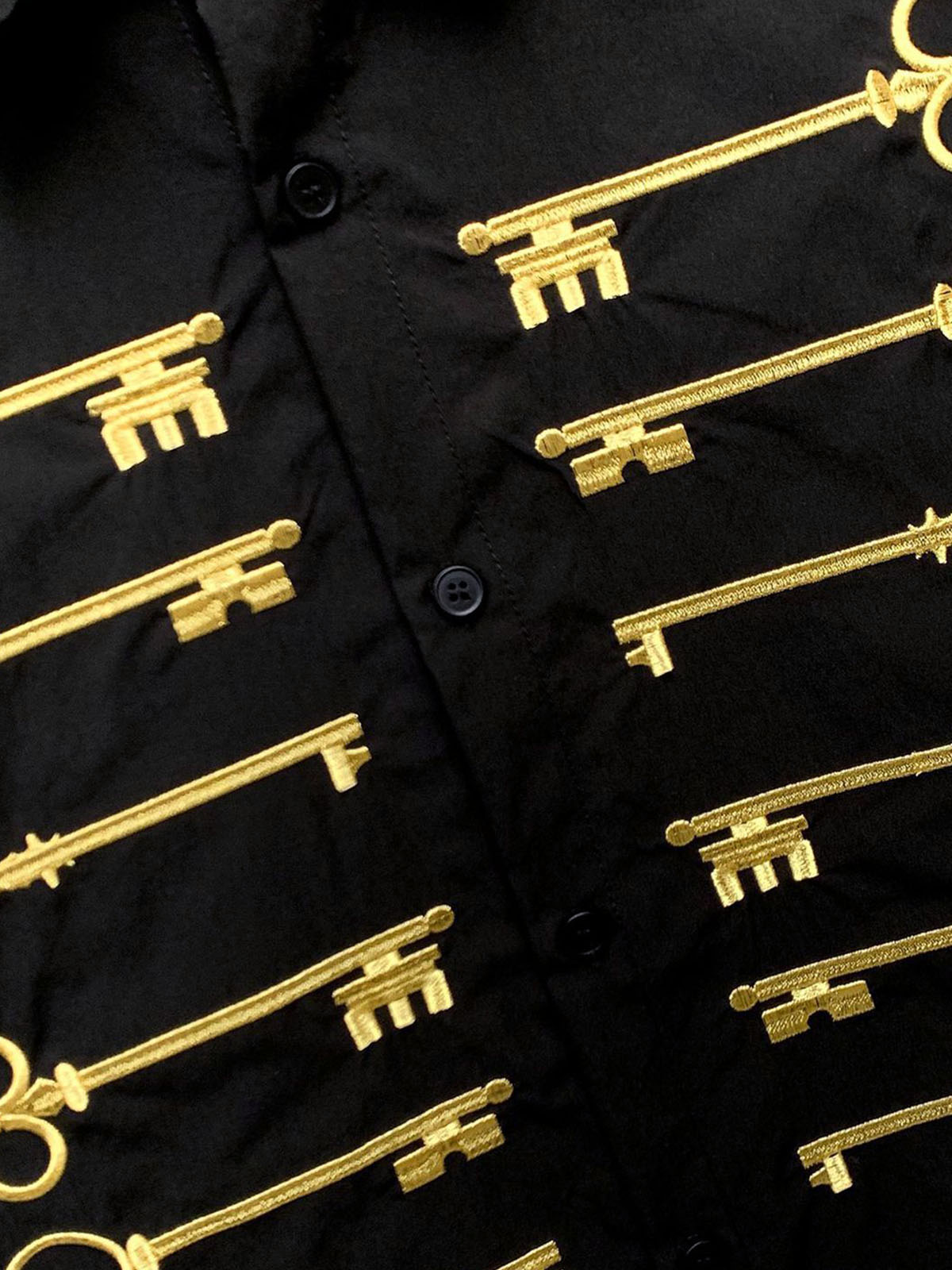 Black Cotton Button Up Shirt with Gold Embroidered Key Motif