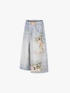 Light Wash Denim Shorts with Floral & Leopard Details