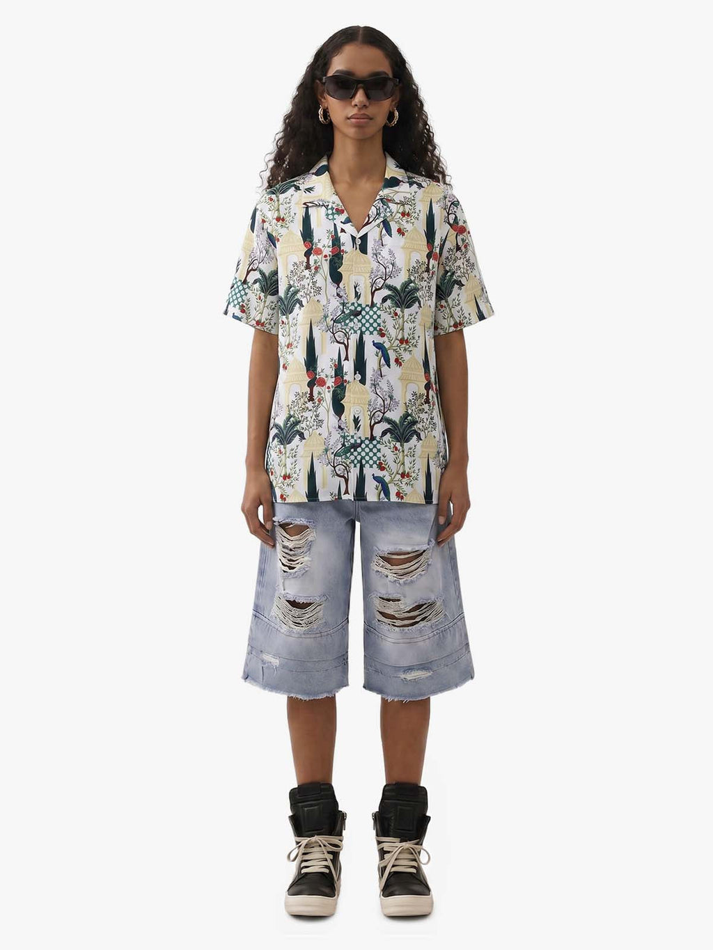 French Peacock Manor Camp Collar Boxy Shirt