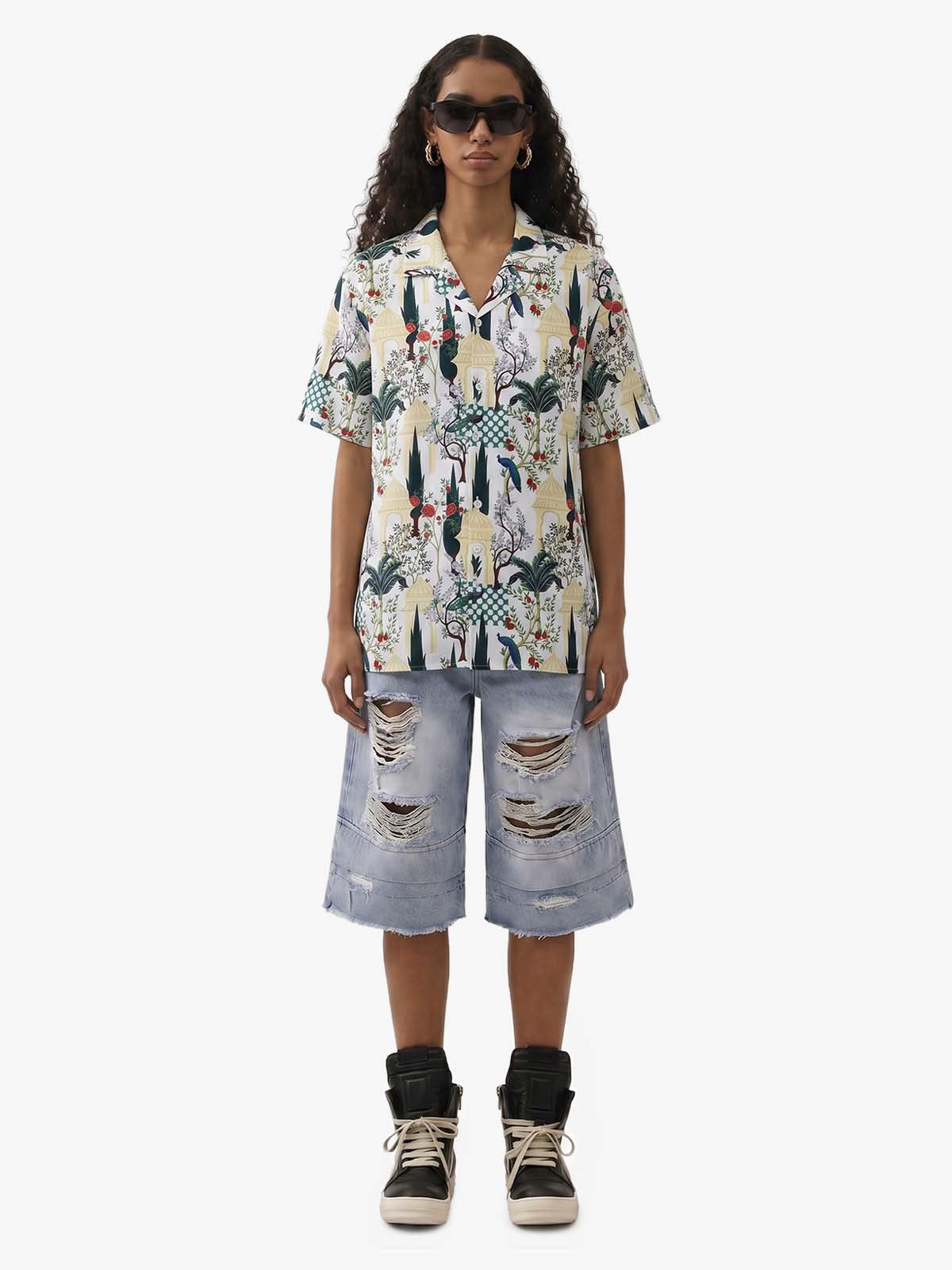 French Peacock Manor Camp Collar Boxy Shirt
