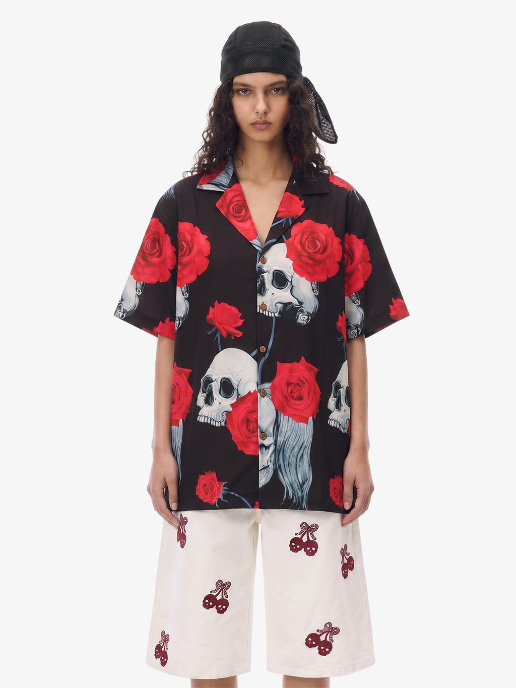 Gothic Skull Rose Camp Collar Boxy Shirt