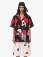 Gothic Skull Rose Camp Collar Boxy Shirt
