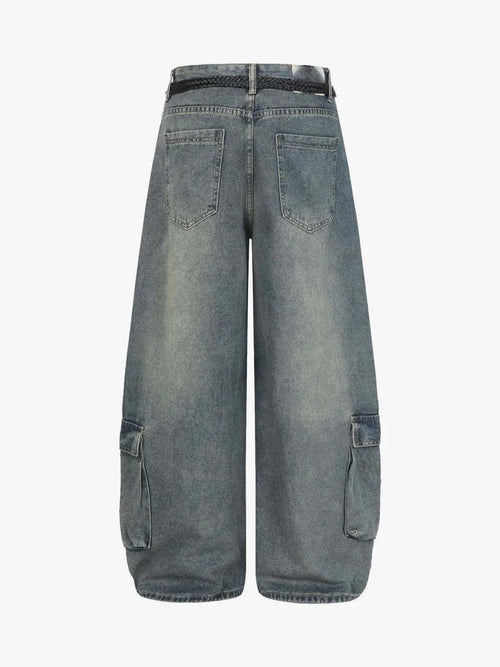Braided Drawstring Waist Patchwork Cargo Jeans