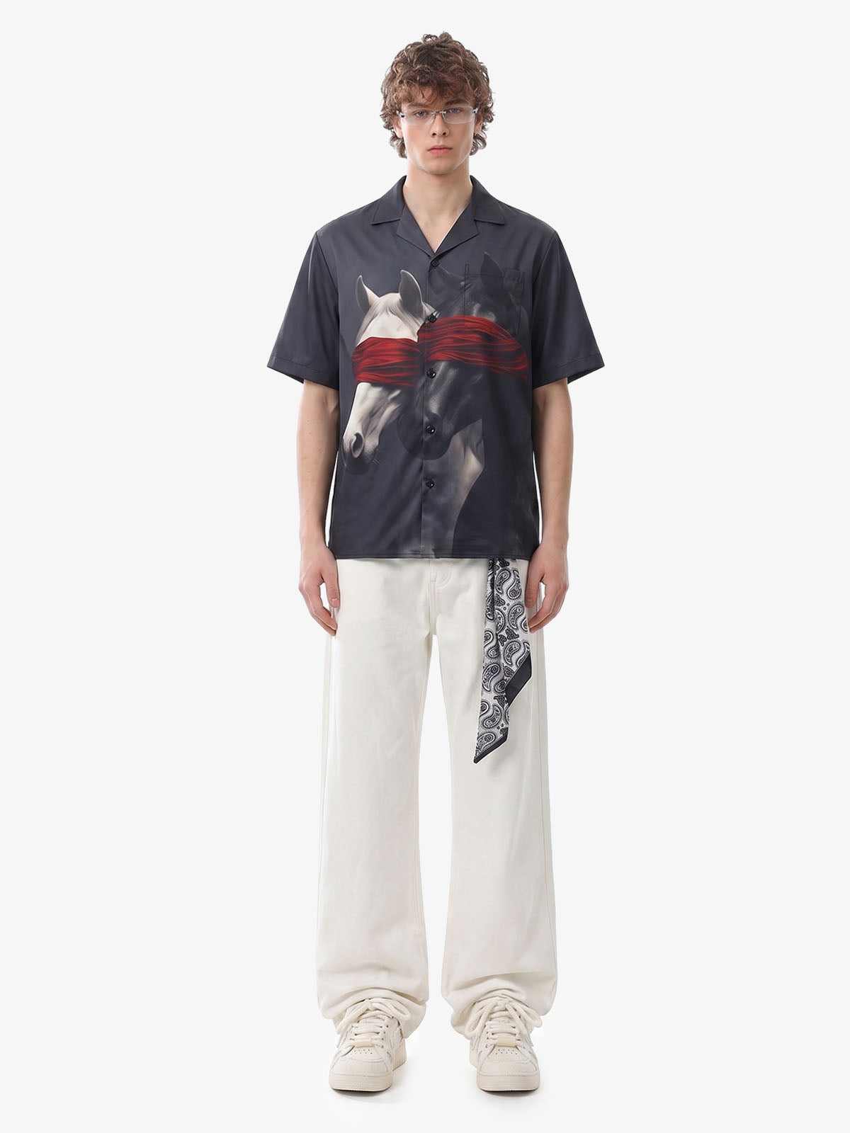 Red Blindfold Horse Camp Collar Boxy Shirt