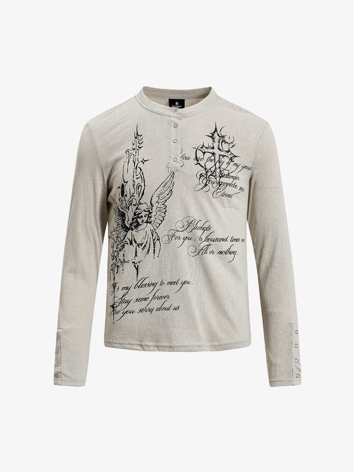 Gothic Angel Graphic Long Sleeve Henley T-Shirt