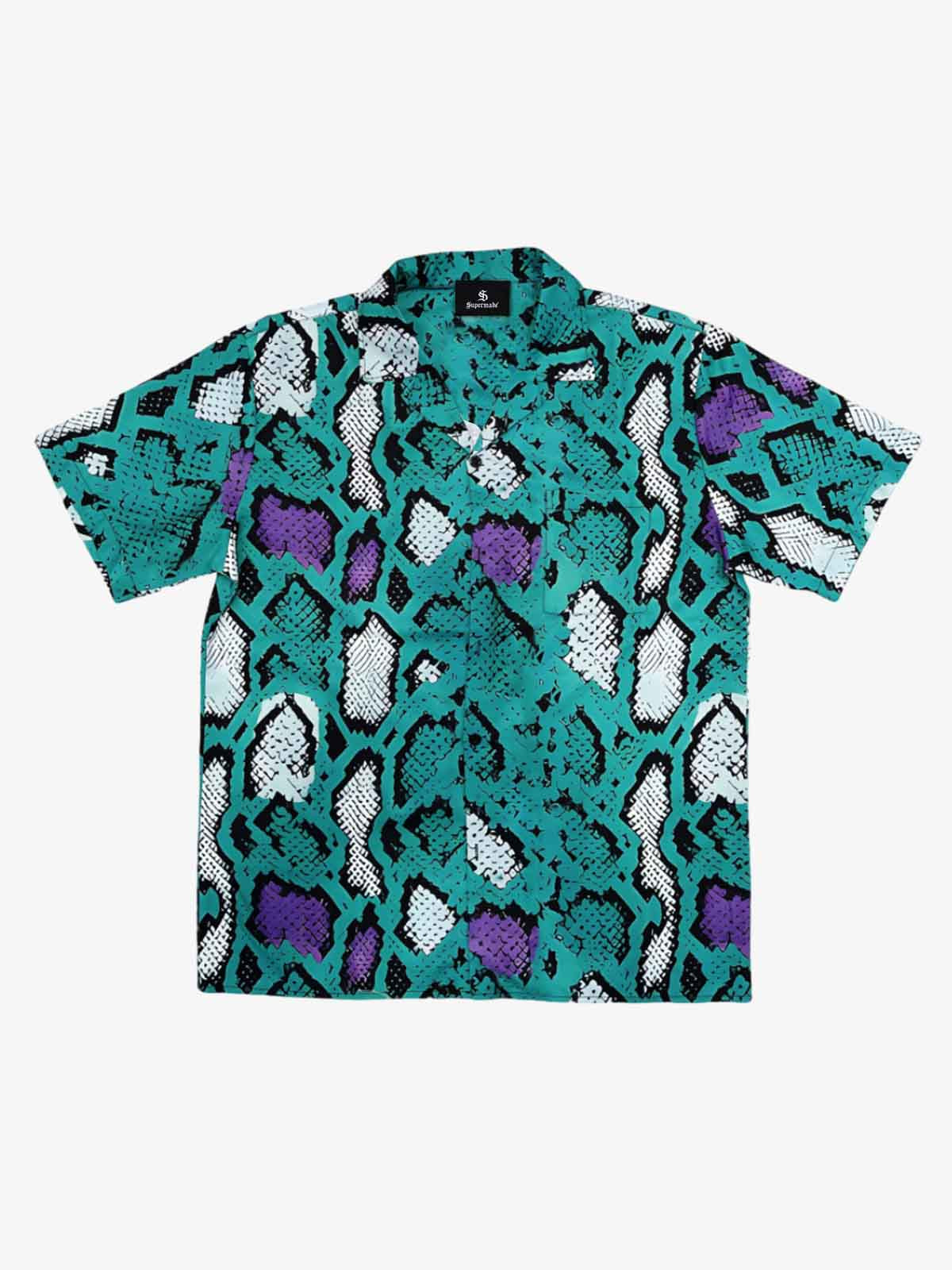 Green Purple Snakeskin Camp Collar Boxy Shirt