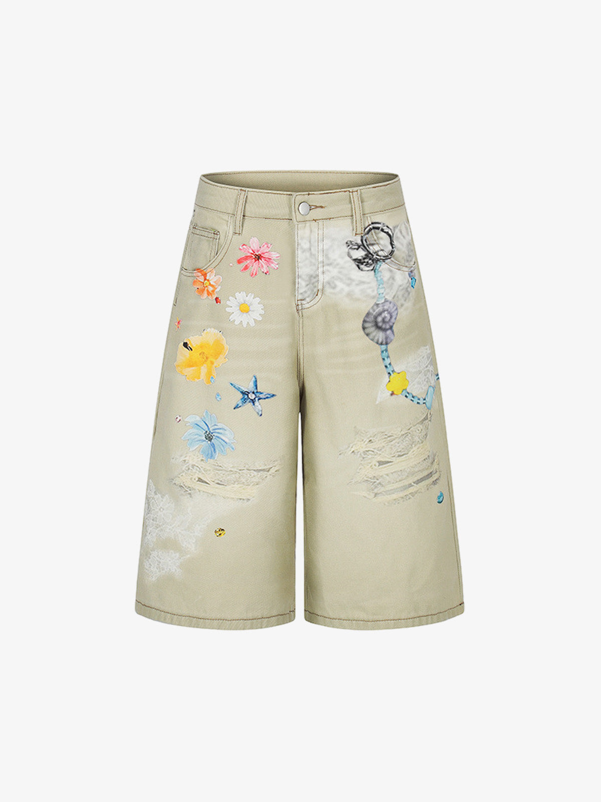 Flower Patch Distressed Denim Shorts