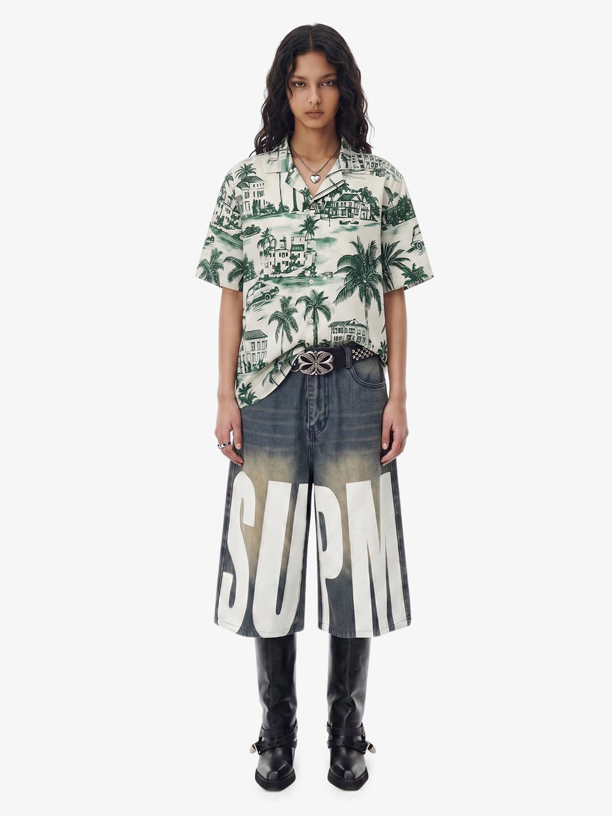 Vintage Green Coconut Tree Camp Collar Boxy Shirt