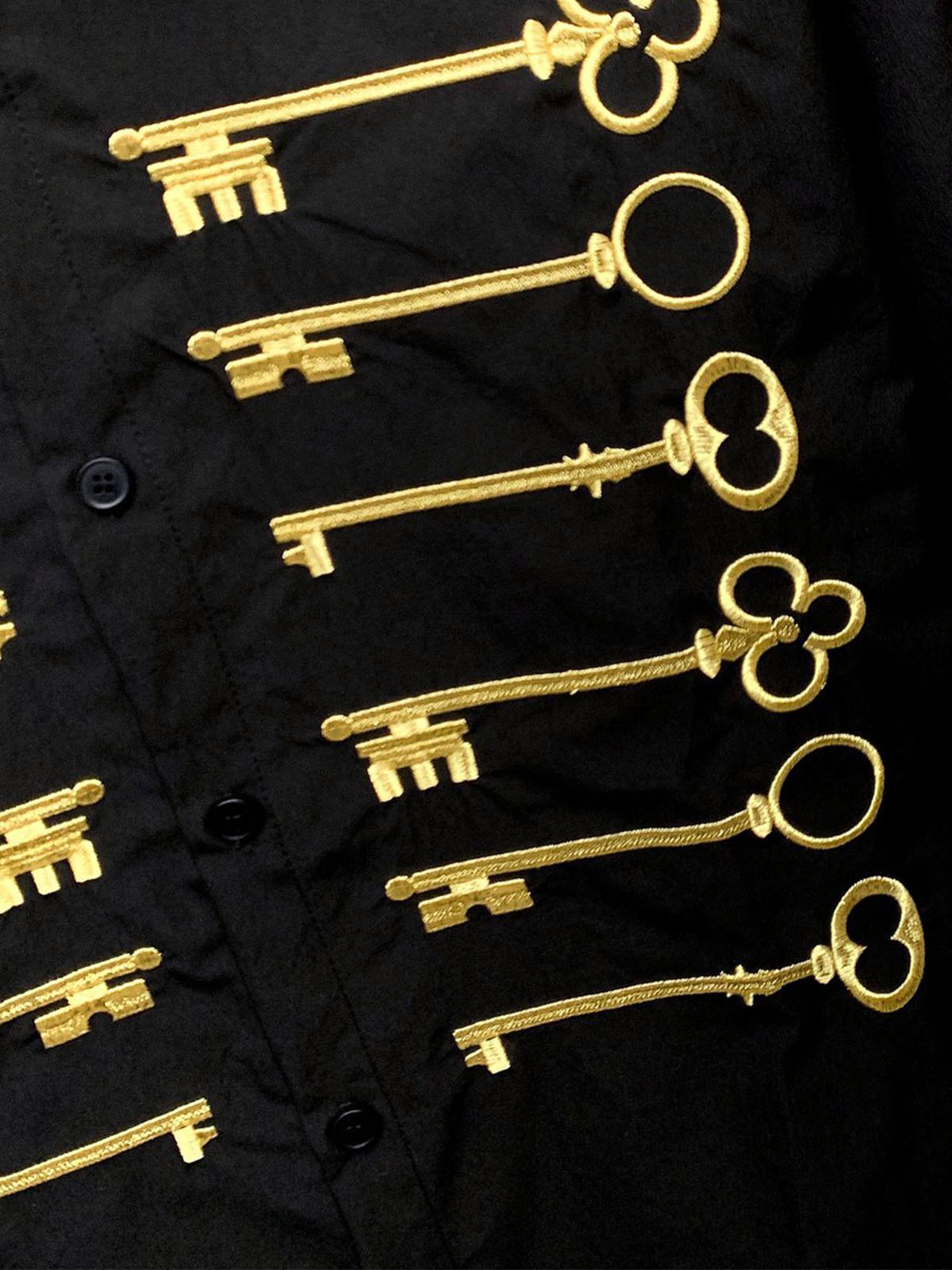Black Cotton Button Up Shirt with Gold Embroidered Key Motif