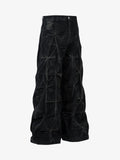 Denim Heavy Washed Distressed Pleated Baggy Jeans - 2282