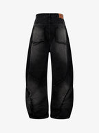 Washed Distressed Raw Edge Barrel Jeans - 2402